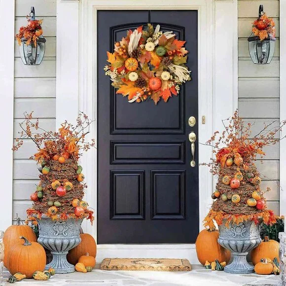 Fall Wreaths for Front Door, 20inchs Autumn Wreath with Hangers Pumpkin Maple Au - Picture 2 of 7